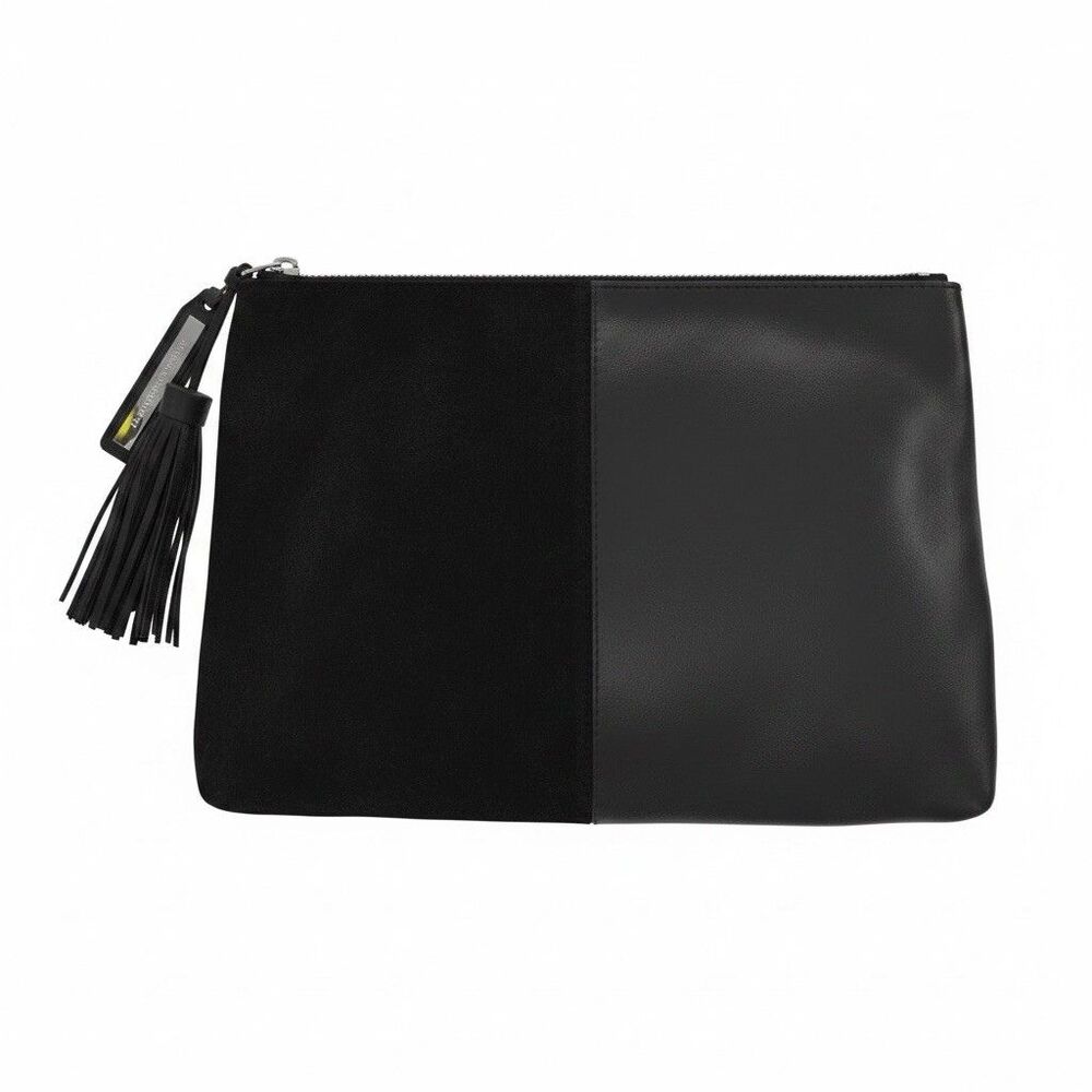 Loeffler Randall Split Texture Black Leather & Suede Pouch Clutch Bag w/ dustbag